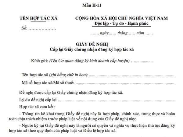 Giấy đề nghị cấp lại Giấy chứng nhận đăng ký hợp tác xã (Phụ lục II-11, Thông tư số 09/2024/TT-BKHĐT).