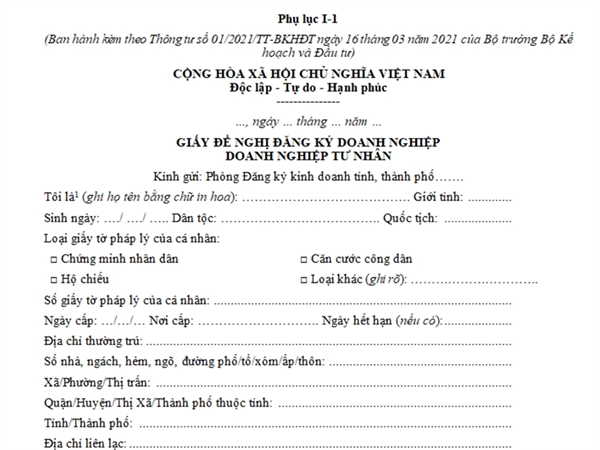 Giấy đề nghị đăng ký Doanh nghiệp tư nhân (Phụ lục I-1, Thông tư số 01/2021/TT-BKHĐT)