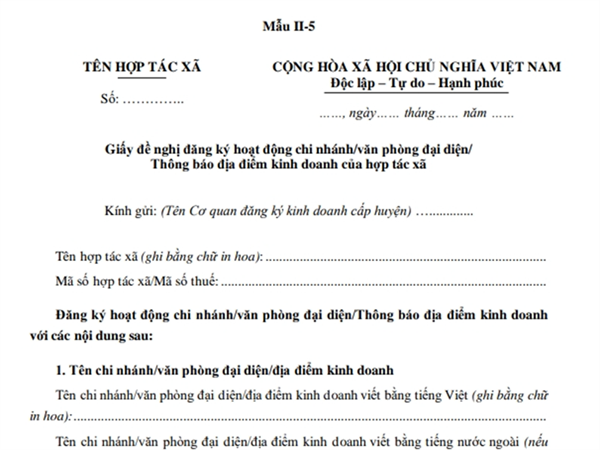 Giấy đề nghị đăng ký hoạt động chi nhánh/văn phòng đại diện/Thông báo địa điểm kinh doanh của hợp tác xã (Phụ lục II-5, Thông tư số 09/2024/TT-BKHĐT).