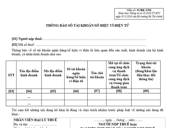 Thông báo số tài khoản/số hiệu ví điện tử (Mẫu số: 01/BK-STK)