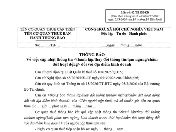Thông báo về việc cập nhật thông tin <thành lập/thay đổi thông tin/tạm ngừng/chấm dứt hoạt động> đối với địa điểm kinh doanh (Mẫu số: 02/TB-ĐĐKD)