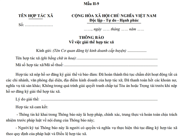 Thông báo về việc giải thể hợp tác xã (Phụ lục II-9, Thông tư số 09/2024/TT-BKHĐT).