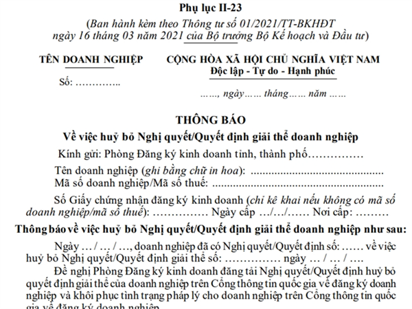 Thông báo về việc huỷ bỏ Nghị quyết/Quyết định giải thể doanh nghiệp (Phụ lục II-23, Thông tư số 01/2021/TT-BKHĐT)