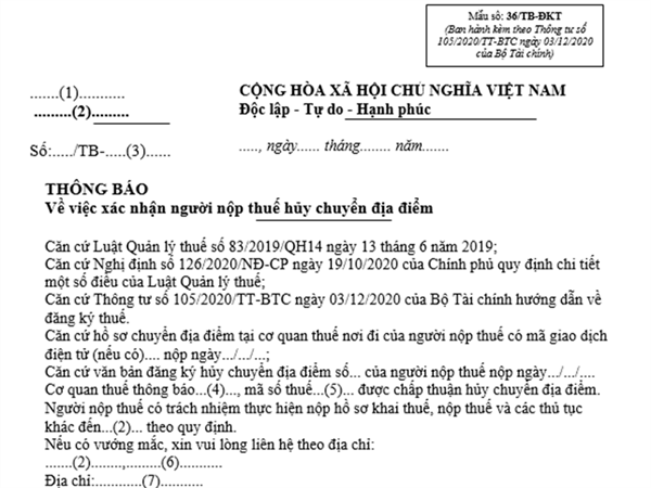 Thông báo về việc xác nhận người nộp thuế hủy chuyển địa điểm (Mẫu số: 36/TB-ĐKT ban hành kèm theo Thông tư số 105/2020/TT-BTC ngày 03/12/2020 của Bộ Tài chính)