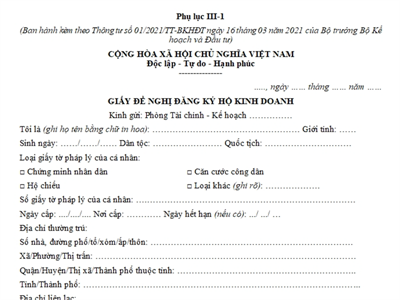 Giấy đề nghị đăng ký hộ kinh doanh (Phụ lục III-1, Thông tư số 01/2021/TT-BKHĐT)