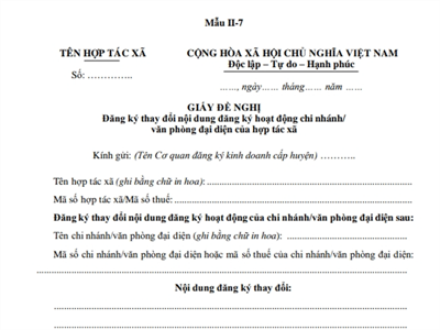 Giấy đề nghị đăng ký thay đổi nội dung đăng ký hoạt động chi nhánh/văn phòng đại diện của hợp tác xã (Phụ lục II-7, Thông tư số 09/2024/TT-BKHĐT).