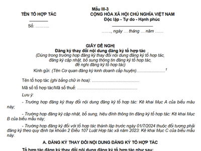 Giấy đề nghị đăng ký thay đổi nội dung đăng ký tổ hợp tác (Phụ lục III-3, Thông tư số 09/2024/TT-BKHĐT)