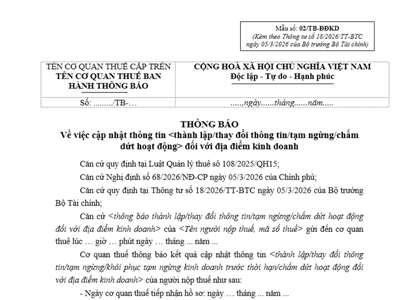 Thông báo về việc cập nhật thông tin <thành lập/thay đổi thông tin/tạm ngừng/chấm dứt hoạt động> đối với địa điểm kinh doanh (Mẫu số: 02/TB-ĐĐKD)