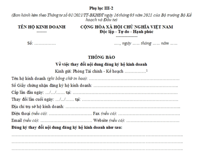 Thông báo về việc thay đổi nội dung đăng ký hộ kinh doanh (Phụ lục III-2, Thông tư số 01/2021/TT-BKHĐT)