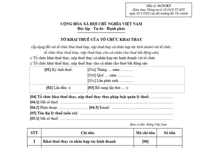 Tờ khai thuế của tổ chức khai thay và Phụ lục (Mẫu số: 01/TCKT, 01/BK-KTHTKD, 02/BK-KTBĐS)